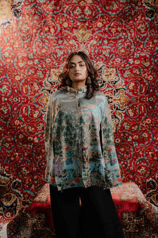 Kashmiri Kalamkari Darbar Cape Jacket - Natural | Soft Wool - Kashmir Jama