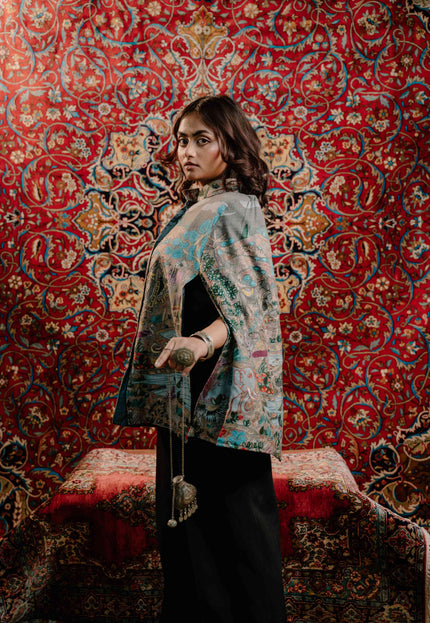 Kashmiri Kalamkari Darbar Cape Jacket - Natural | Soft Wool - Kashmir Jama