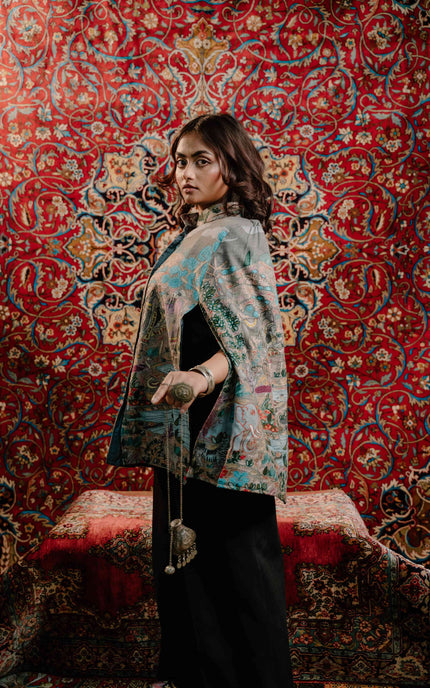 Kashmiri Kalamkari Darbar Cape Jacket - Natural | Soft Wool - Kashmir Jama