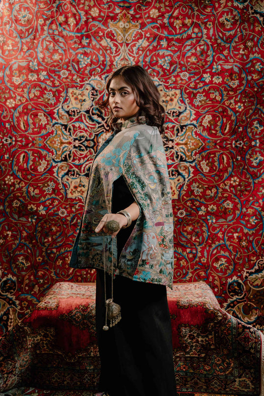 Kashmiri Kalamkari Darbar Cape Jacket - Natural | Soft Wool - Kashmir Jama