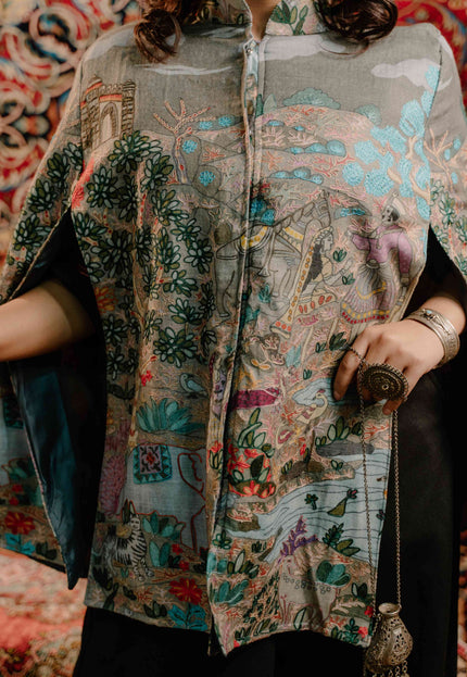 Kashmiri Kalamkari Darbar Cape Jacket - Natural | Soft Wool - Kashmir Jama