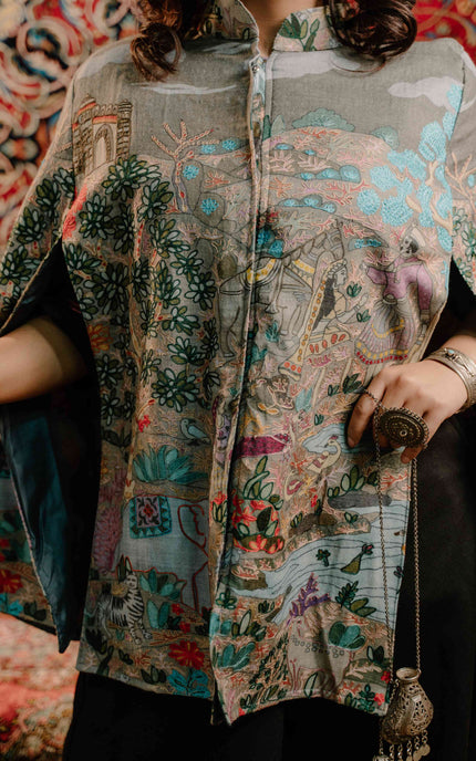 Kashmiri Kalamkari Darbar Cape Jacket - Natural | Soft Wool - Kashmir Jama