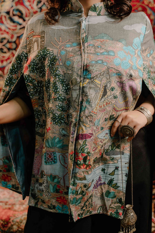 Kashmiri Kalamkari Darbar Cape Jacket - Natural | Soft Wool - Kashmir Jama