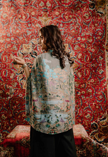 Kashmiri Kalamkari Darbar Cape Jacket - Natural | Soft Wool - Kashmir Jama