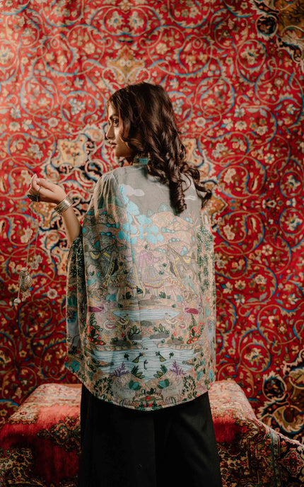 Kashmiri Kalamkari Darbar Cape Jacket - Natural | Soft Wool - Kashmir Jama