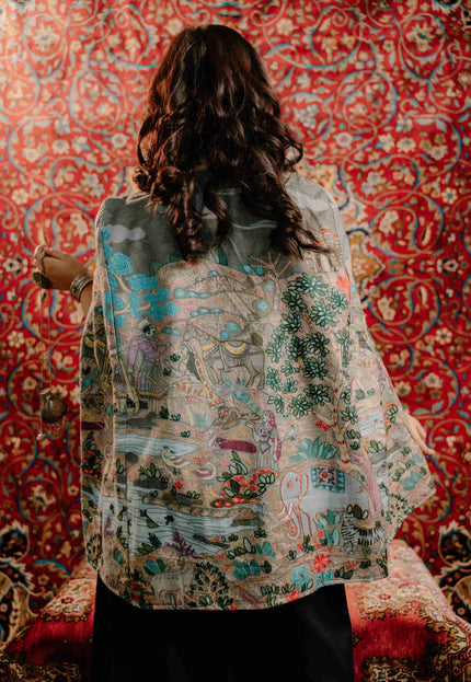 Kashmiri Kalamkari Darbar Cape Jacket - Natural | Soft Wool - Kashmir Jama
