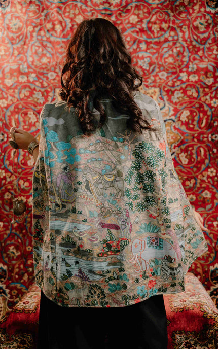 Kashmiri Kalamkari Darbar Cape Jacket - Natural | Soft Wool - Kashmir Jama