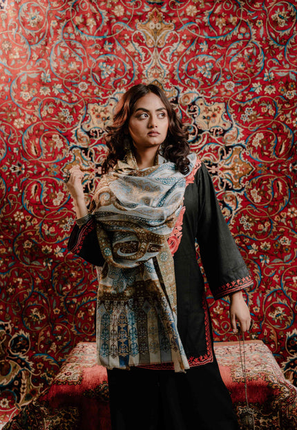 Kashmiri Kalamkari Sozni Work Stole - Grey Brown | Classical - Kashmir Jama