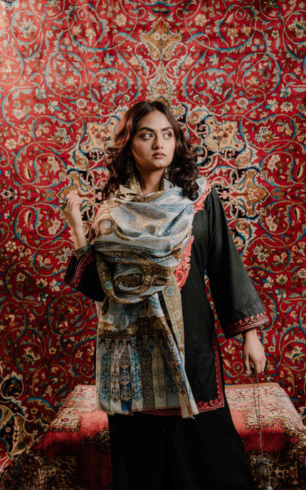 Kashmiri Kalamkari Sozni Work Stole - Grey Brown | Classical - Kashmir Jama