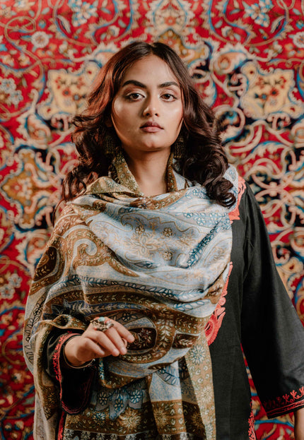 Kashmiri Kalamkari Sozni Work Stole - Grey Brown | Classical - Kashmir Jama