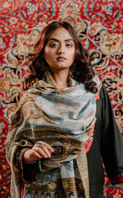 Kashmiri Kalamkari Sozni Work Stole - Grey Brown | Classical - Kashmir Jama
