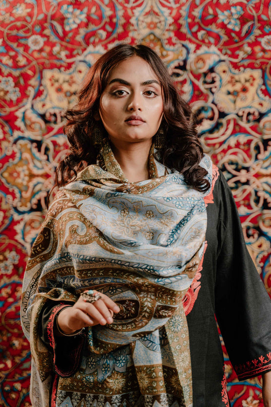 Kashmiri Kalamkari Sozni Work Stole - Grey Brown | Classical - Kashmir Jama