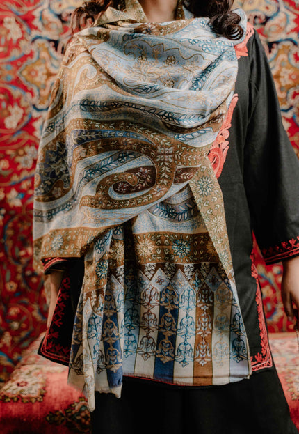 Kashmiri Kalamkari Sozni Work Stole - Grey Brown | Classical - Kashmir Jama
