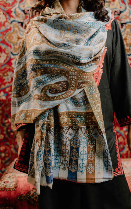 Kashmiri Kalamkari Sozni Work Stole - Grey Brown | Classical - Kashmir Jama