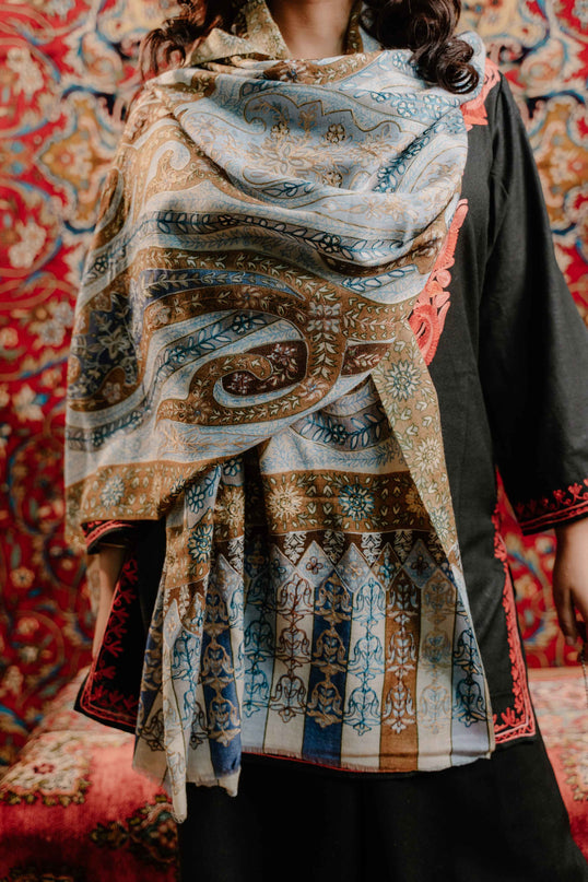 Kashmiri Kalamkari Sozni Work Stole - Grey Brown | Classical - Kashmir Jama