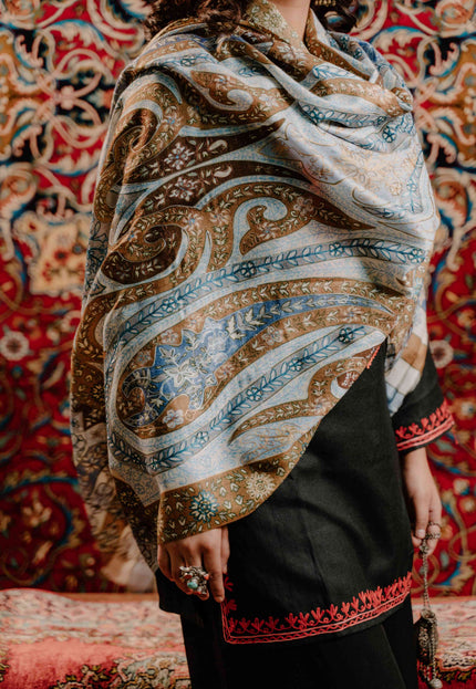 Kashmiri Kalamkari Sozni Work Stole - Grey Brown | Classical - Kashmir Jama