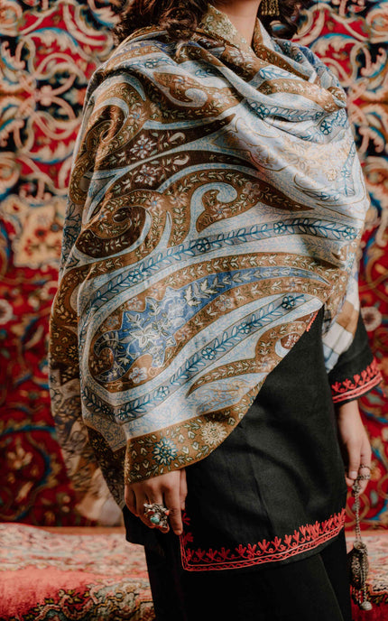 Kashmiri Kalamkari Sozni Work Stole - Grey Brown | Classical - Kashmir Jama