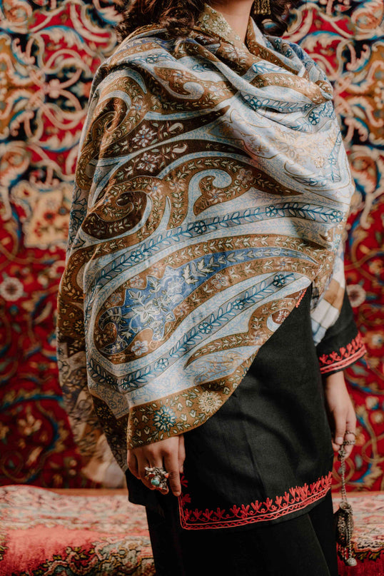 Kashmiri Kalamkari Sozni Work Stole - Grey Brown | Classical - Kashmir Jama