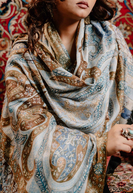 Kashmiri Kalamkari Sozni Work Stole - Grey Brown | Classical - Kashmir Jama