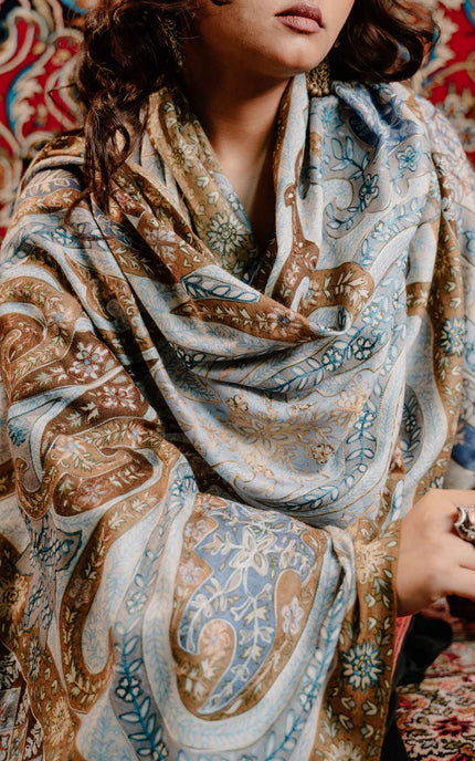 Kashmiri Kalamkari Sozni Work Stole - Grey Brown | Classical - Kashmir Jama