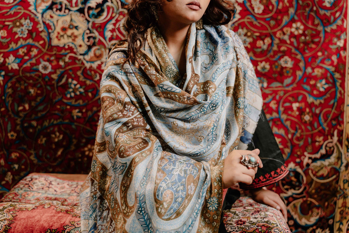 Kashmiri Kalamkari Sozni Work Stole - Grey Brown | Classical - Kashmir Jama