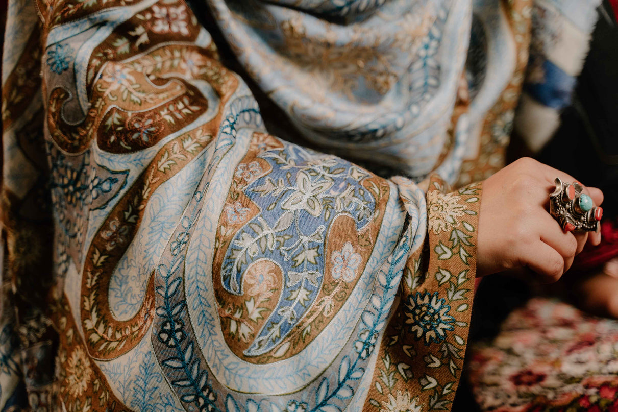 Kashmiri Kalamkari Sozni Work Stole - Grey Brown | Classical - Kashmir Jama