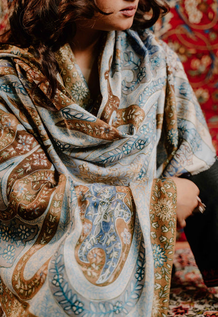 Kashmiri Kalamkari Sozni Work Stole - Grey Brown | Classical - Kashmir Jama