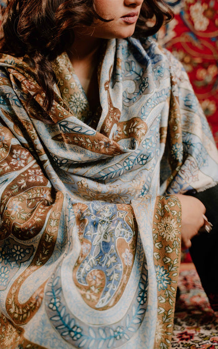 Kashmiri Kalamkari Sozni Work Stole - Grey Brown | Classical - Kashmir Jama