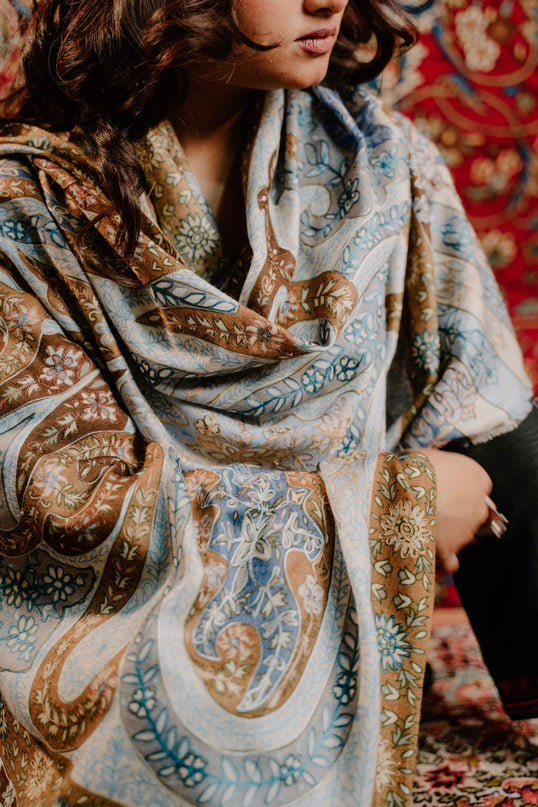 Kashmiri Kalamkari Sozni Work Stole - Grey Brown | Classical - Kashmir Jama