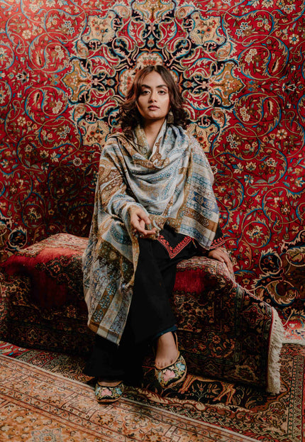Kashmiri Kalamkari Sozni Work Stole - Grey Brown | Classical - Kashmir Jama