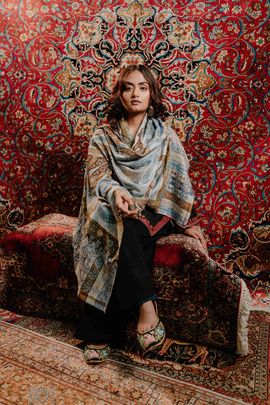 Kashmiri Kalamkari Sozni Work Stole - Grey Brown | Classical - Kashmir Jama