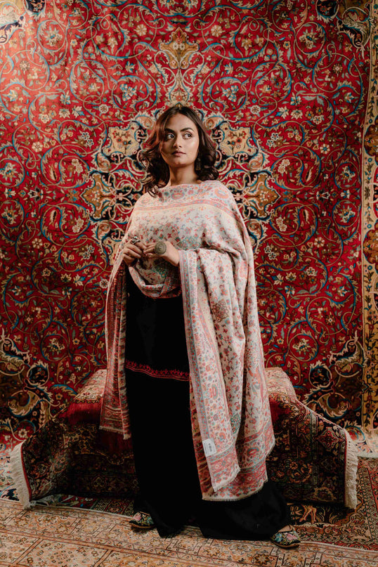 Kashmiri Kani Shawl - White | Jamawar - Kashmir Jama
