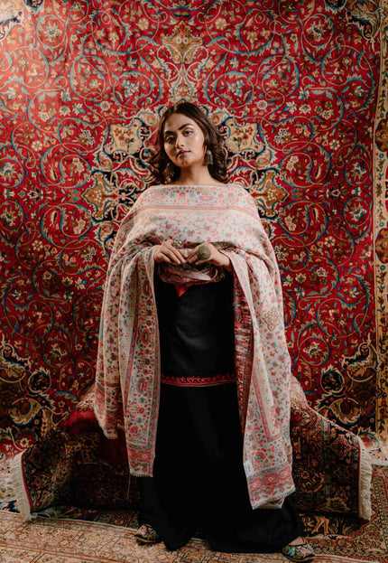 Kashmiri Kani Shawl - White | Jamawar - Kashmir Jama