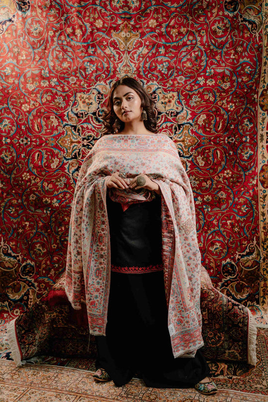 Kashmiri Kani Shawl - White | Jamawar - Kashmir Jama