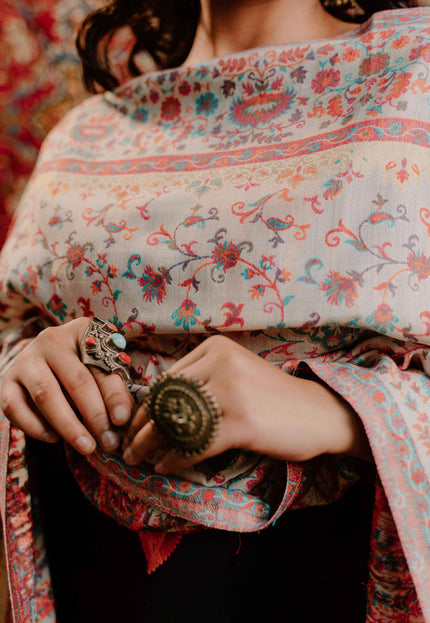 Kashmiri Kani Shawl - White | Jamawar - Kashmir Jama
