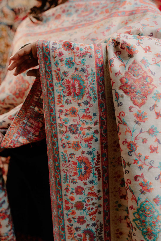 Kashmiri Kani Shawl - White | Jamawar - Kashmir Jama