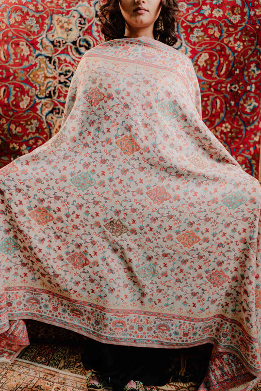 Kashmiri Kani Shawl - White | Jamawar - Kashmir Jama
