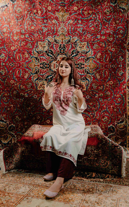 Kashmiri White Aari Work Cotton Kurti - White | Long - Kashmir Jama