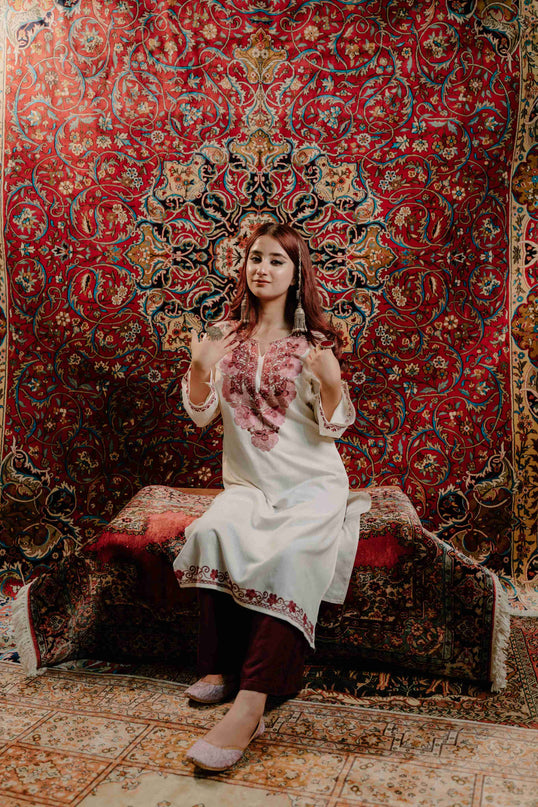 Kashmiri White Aari Work Cotton Kurti - White | Long - Kashmir Jama