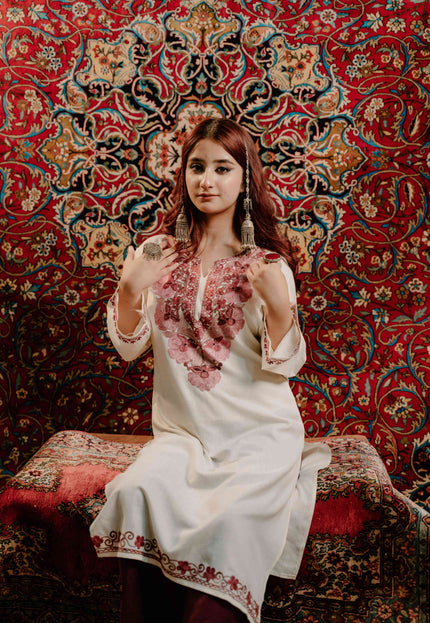 Kashmiri White Aari Work Cotton Kurti - White | Long - Kashmir Jama