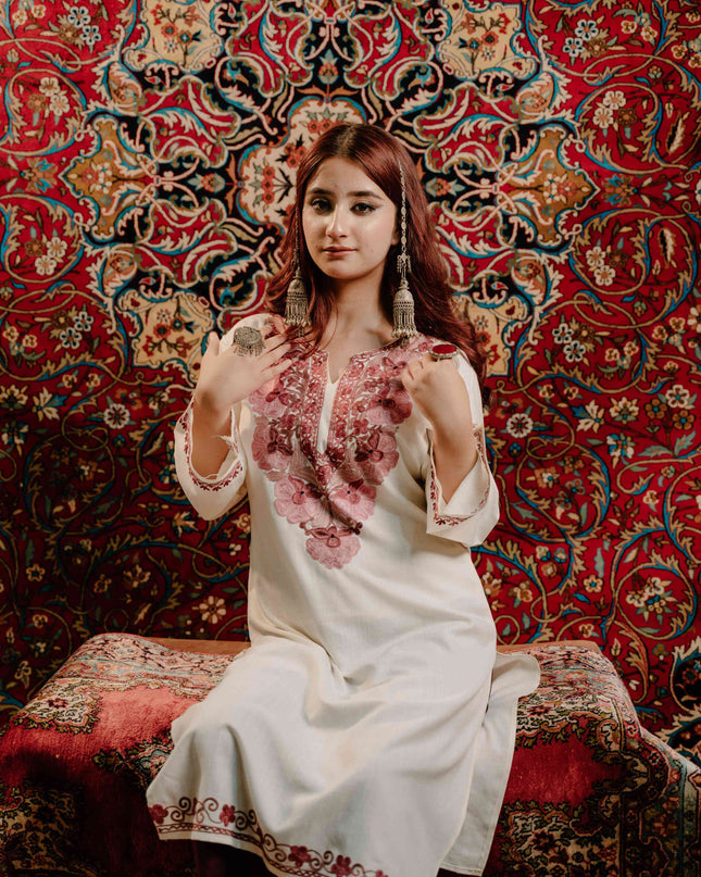 Kashmiri White Aari Work Cotton Kurti - White | Long - Kashmir Jama