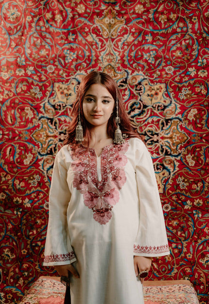 Kashmiri White Aari Work Cotton Kurti - White | Long - Kashmir Jama