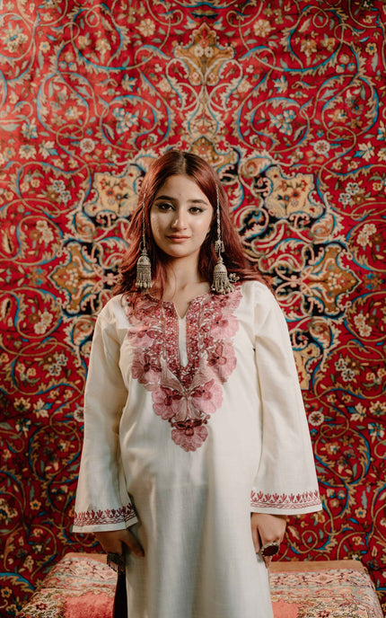 Kashmiri White Aari Work Cotton Kurti - White | Long - Kashmir Jama