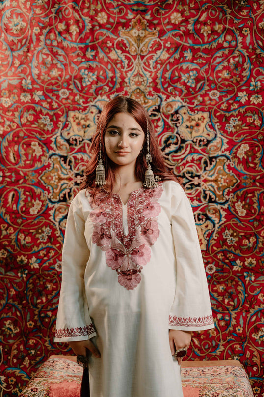 Kashmiri White Aari Work Cotton Kurti - White | Long - Kashmir Jama