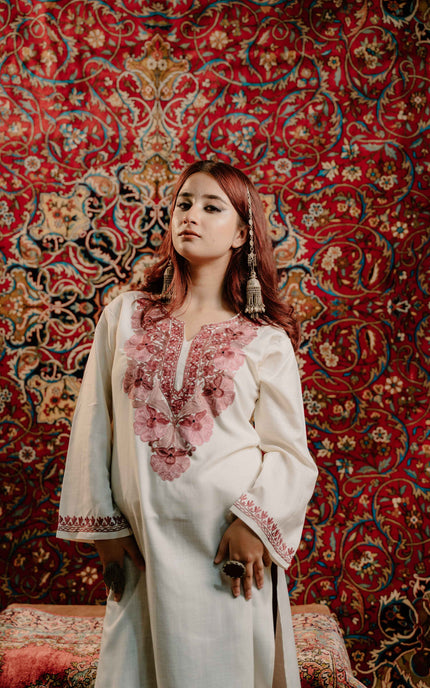 Kashmiri White Aari Work Cotton Kurti - White | Long - Kashmir Jama