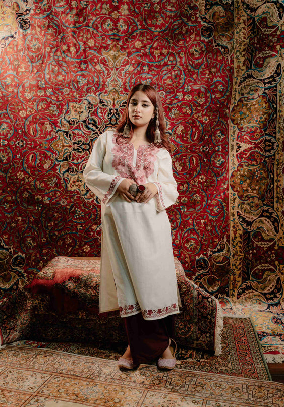 Kashmiri White Aari Work Cotton Kurti - White | Long - Kashmir Jama