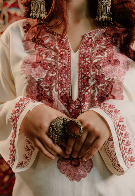 Kashmiri White Aari Work Cotton Kurti - White | Long - Kashmir Jama