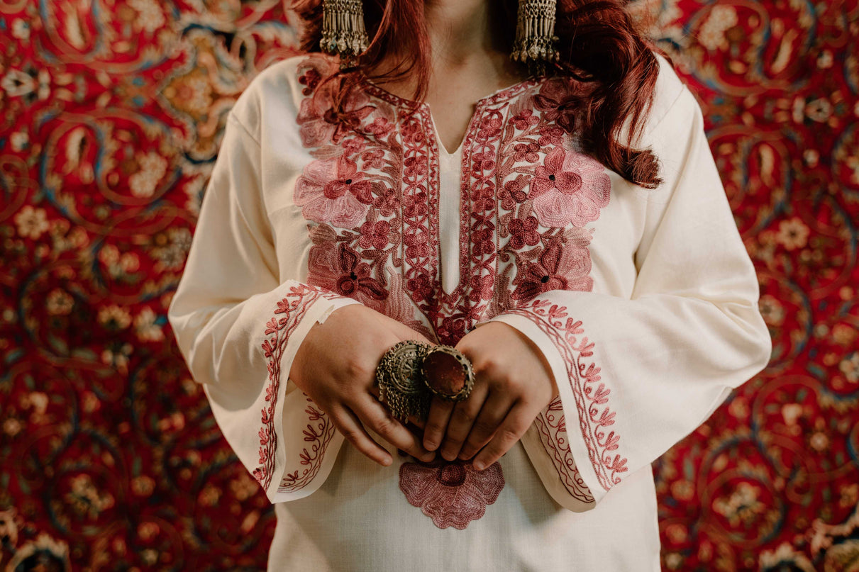 Kashmiri White Aari Work Cotton Kurti - White | Long - Kashmir Jama