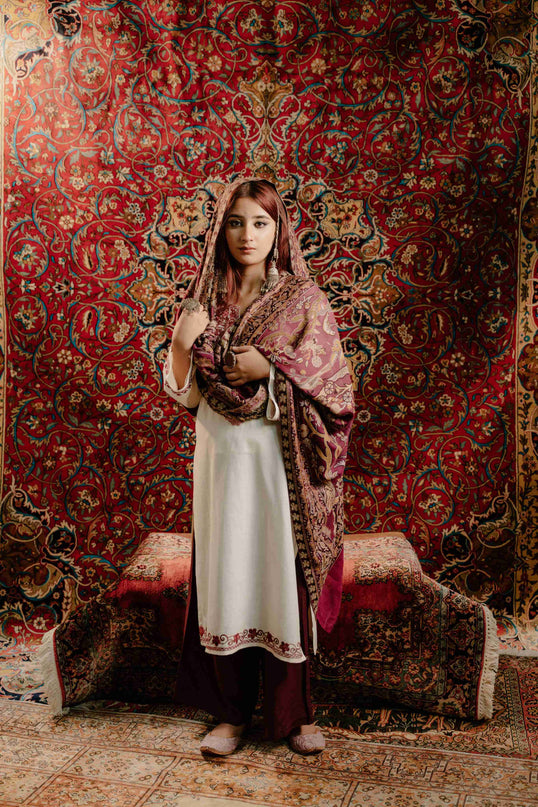 Kashmiri Kani Shawl - Maroon | Soft Wool - Kashmir Jama