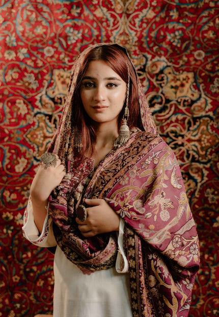 Kashmiri Kani Shawl - Maroon | Soft Wool - Kashmir Jama